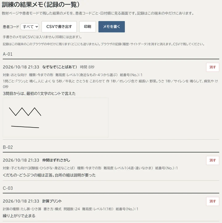結果のメモの一覧の画面